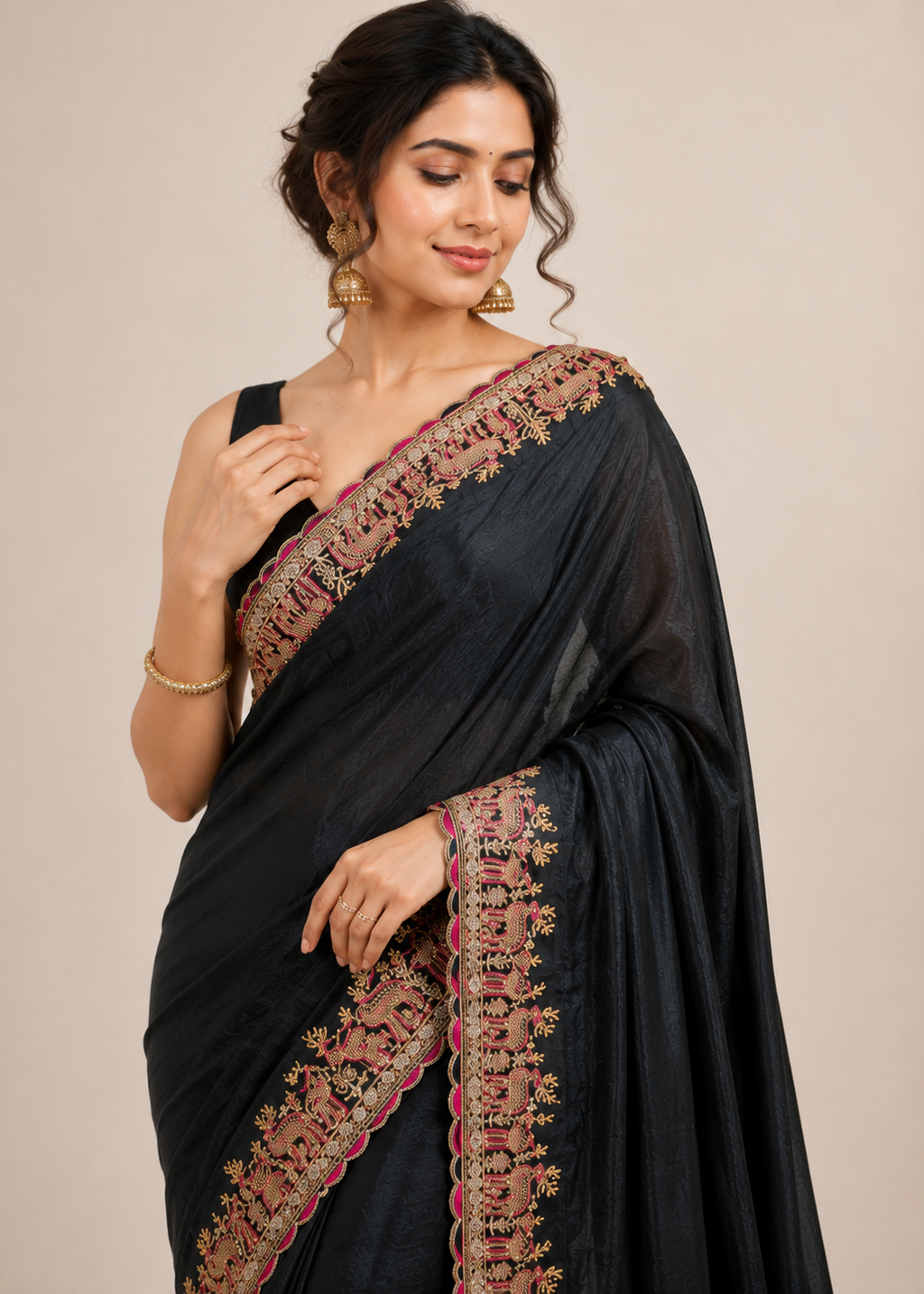 Royal Black Velvet Embroidered Saree with Heritage Elephant Border