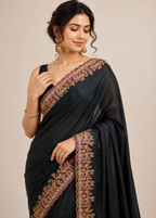 Royal Black Velvet Embroidered Saree with Heritage Elephant Border