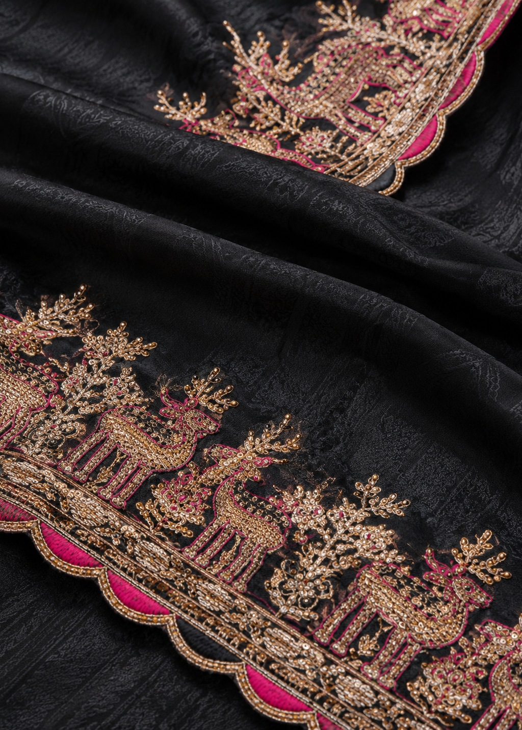 Royal Black Velvet Embroidered Saree with Heritage Elephant Border