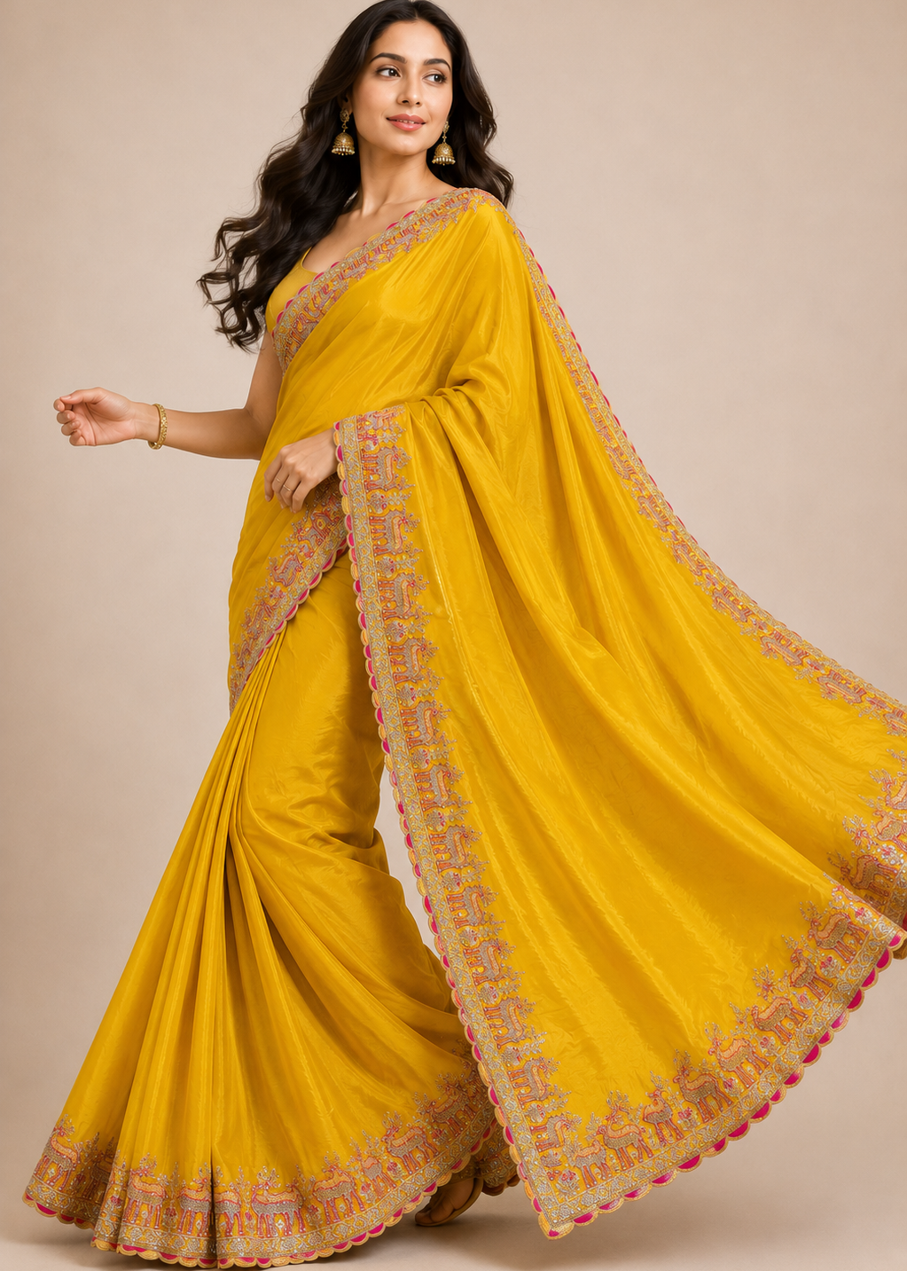 Royal Mustard Velvet Yellow Embroidered Saree with Heritage Deer Border