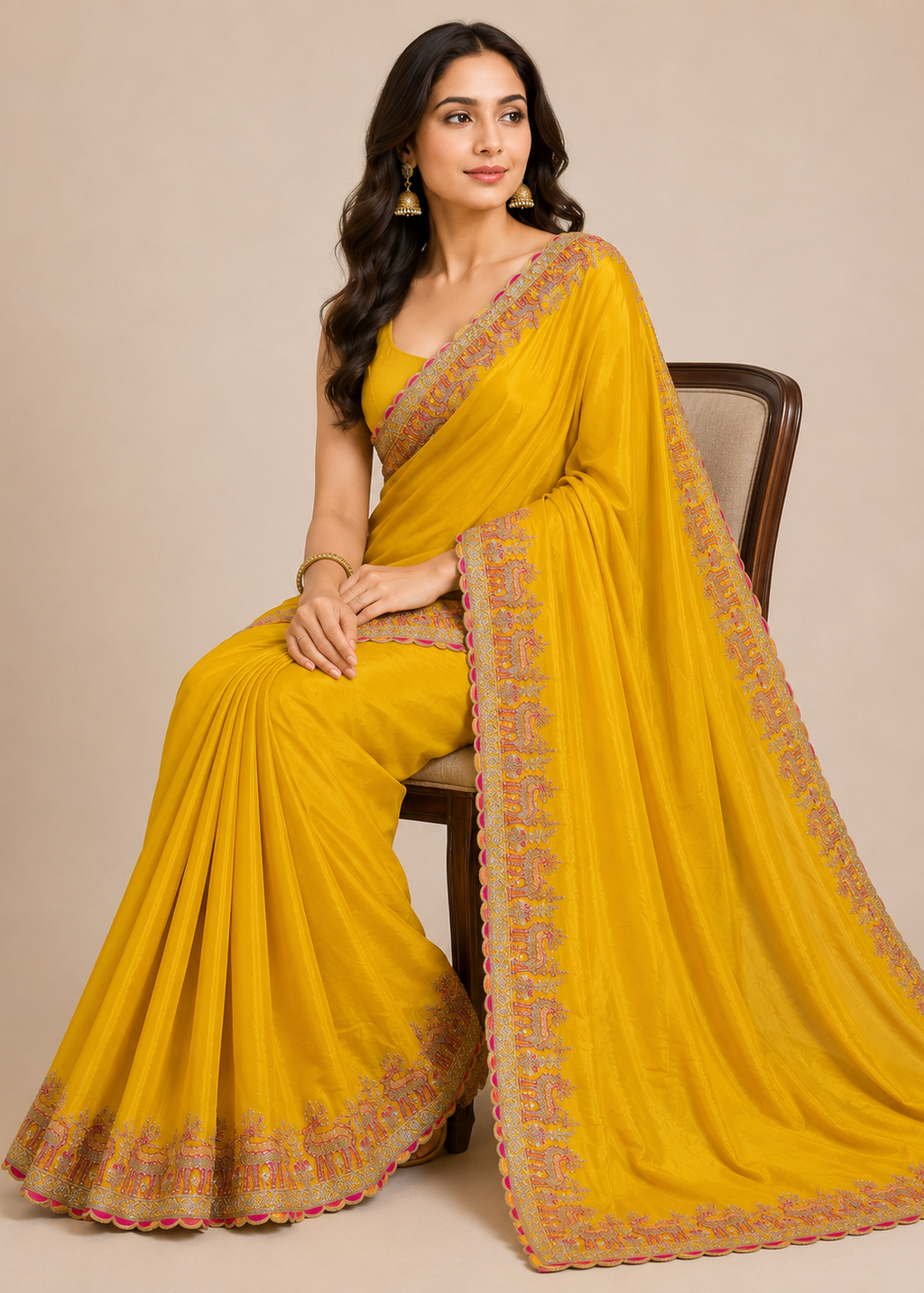 Royal Mustard Velvet Yellow Embroidered Saree with Heritage Deer Border