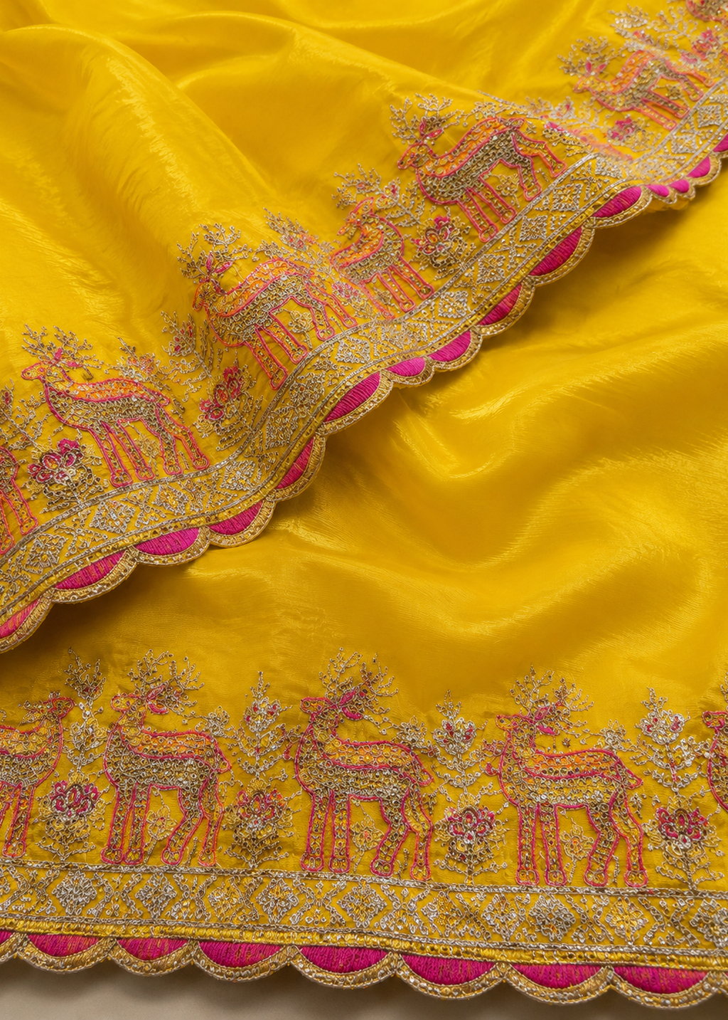 Royal Mustard Velvet Yellow Embroidered Saree with Heritage Deer Border