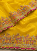 Royal Mustard Velvet Yellow Embroidered Saree with Heritage Deer Border