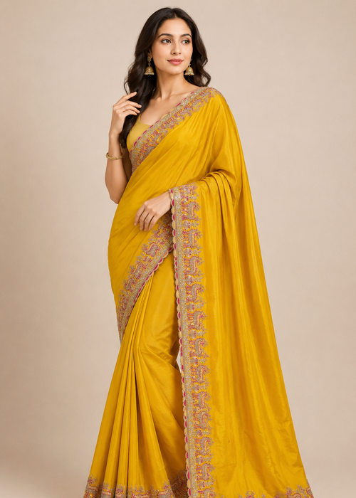 Royal Mustard Velvet Yellow Embroidered Saree with Heritage Deer Border