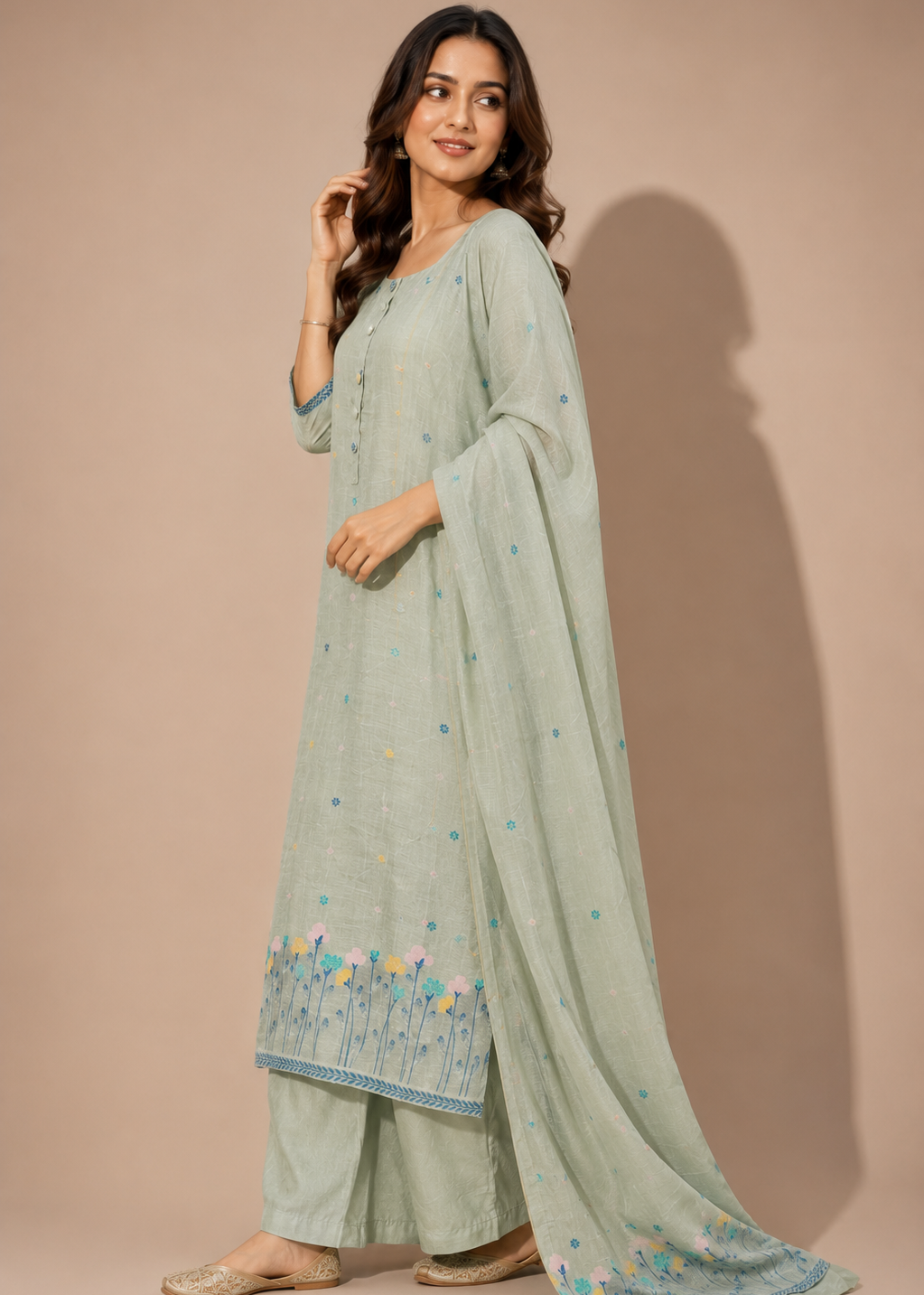 A woman modeling a light sage green traditional Indian outfit with a matching dupatta, featuring delicate floral embroidery near the hem and scattered embroidered motifs on the kurta, set against a solid beige studio background.