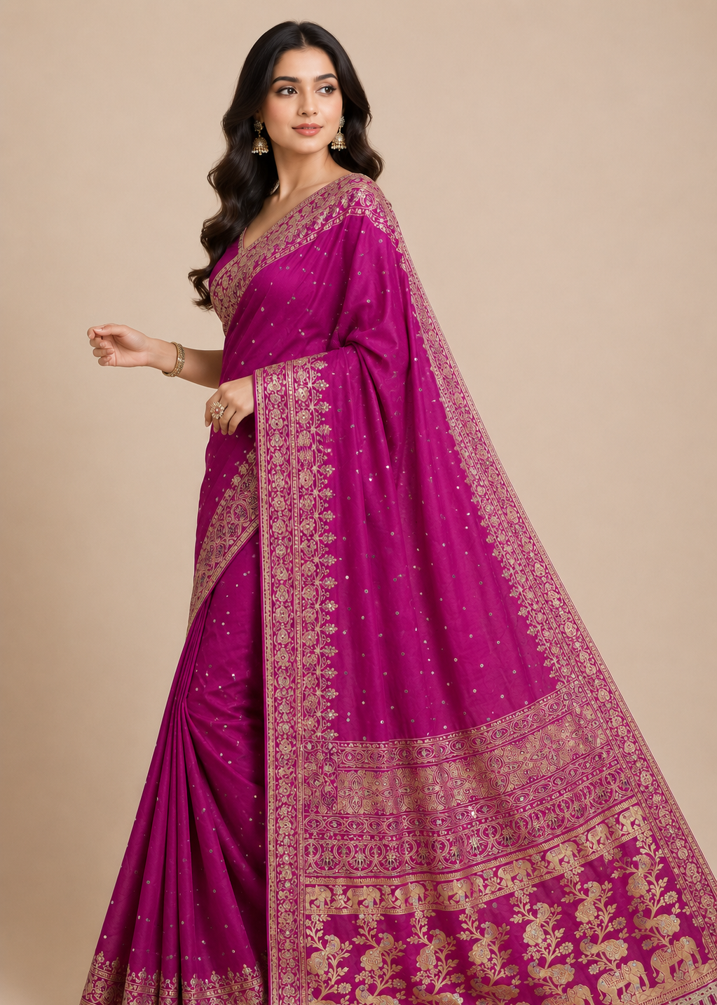 Royal Magenta Pink Gajji Silk Saree with Gold Zari Elephant & Peacock Border