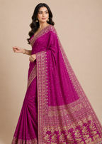 Royal Magenta Pink Gajji Silk Saree with Gold Zari Elephant & Peacock Border