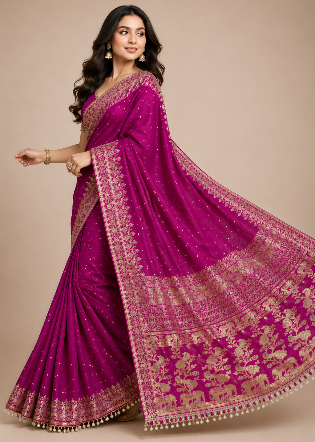 Royal Magenta Pink Gajji Silk Saree with Gold Zari Elephant & Peacock Border