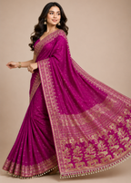 Royal Magenta Pink Gajji Silk Saree with Gold Zari Elephant & Peacock Border