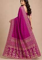 Royal Magenta Pink Gajji Silk Saree with Gold Zari Elephant & Peacock Border