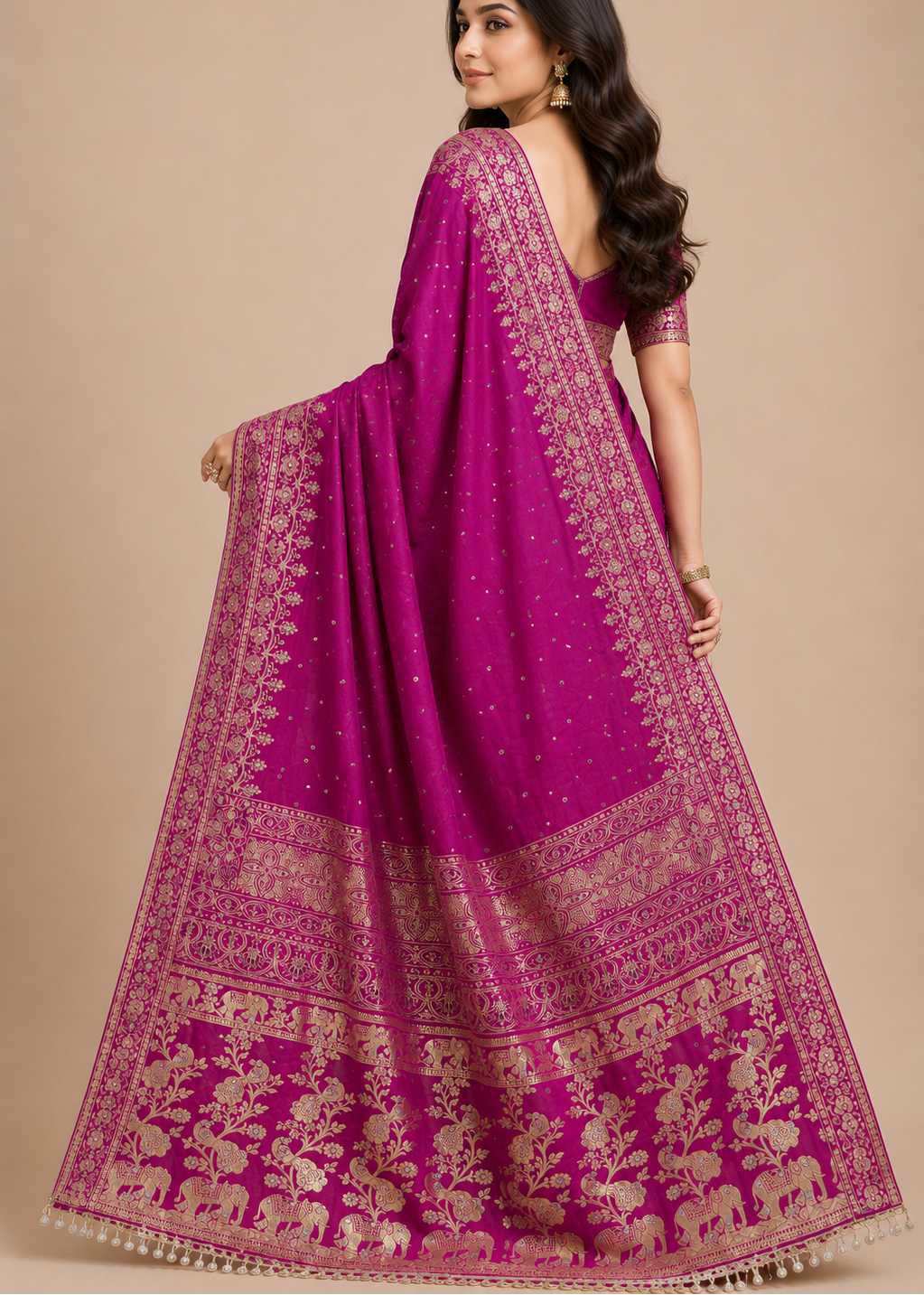 Royal Magenta Pink Gajji Silk Saree with Gold Zari Elephant & Peacock Border