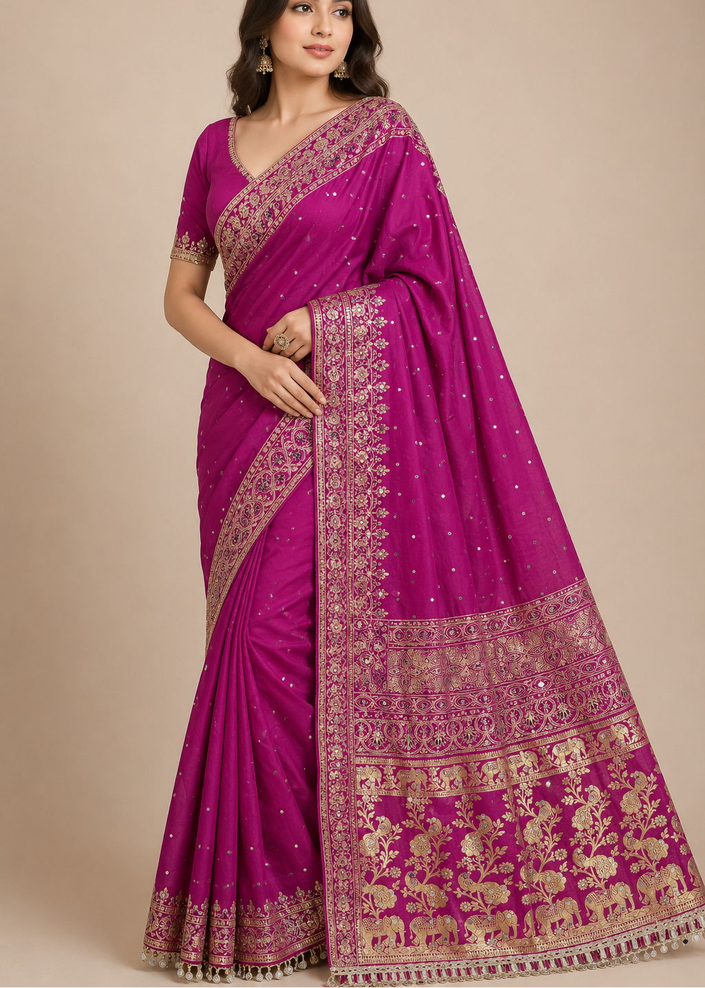 Royal Magenta Pink Gajji Silk Saree with Gold Zari Elephant & Peacock Border