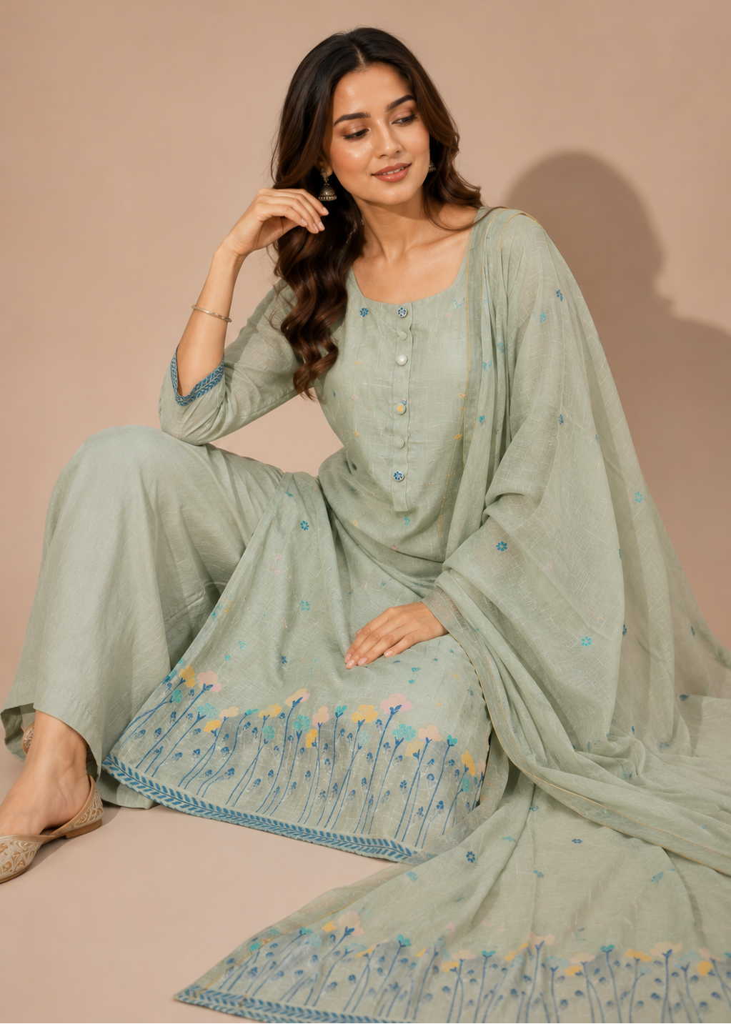 A woman models a sage green traditional South Asian outfit with matching dupatta, featuring floral embroidery along the hem and cuffs, posed against a solid beige background.