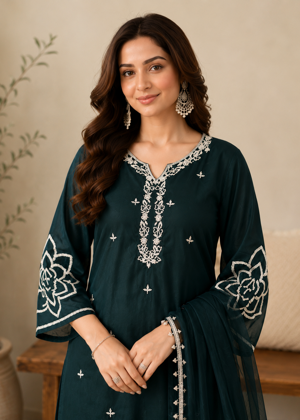 A woman wearing a dark teal green embroidered kurta with white floral and geometric patterns, standing in a warm indoor setting.