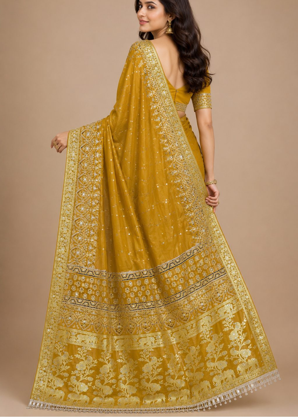 Royal Mustard Gold Gajji Silk Saree with Zari Weaving & Mirror Work
