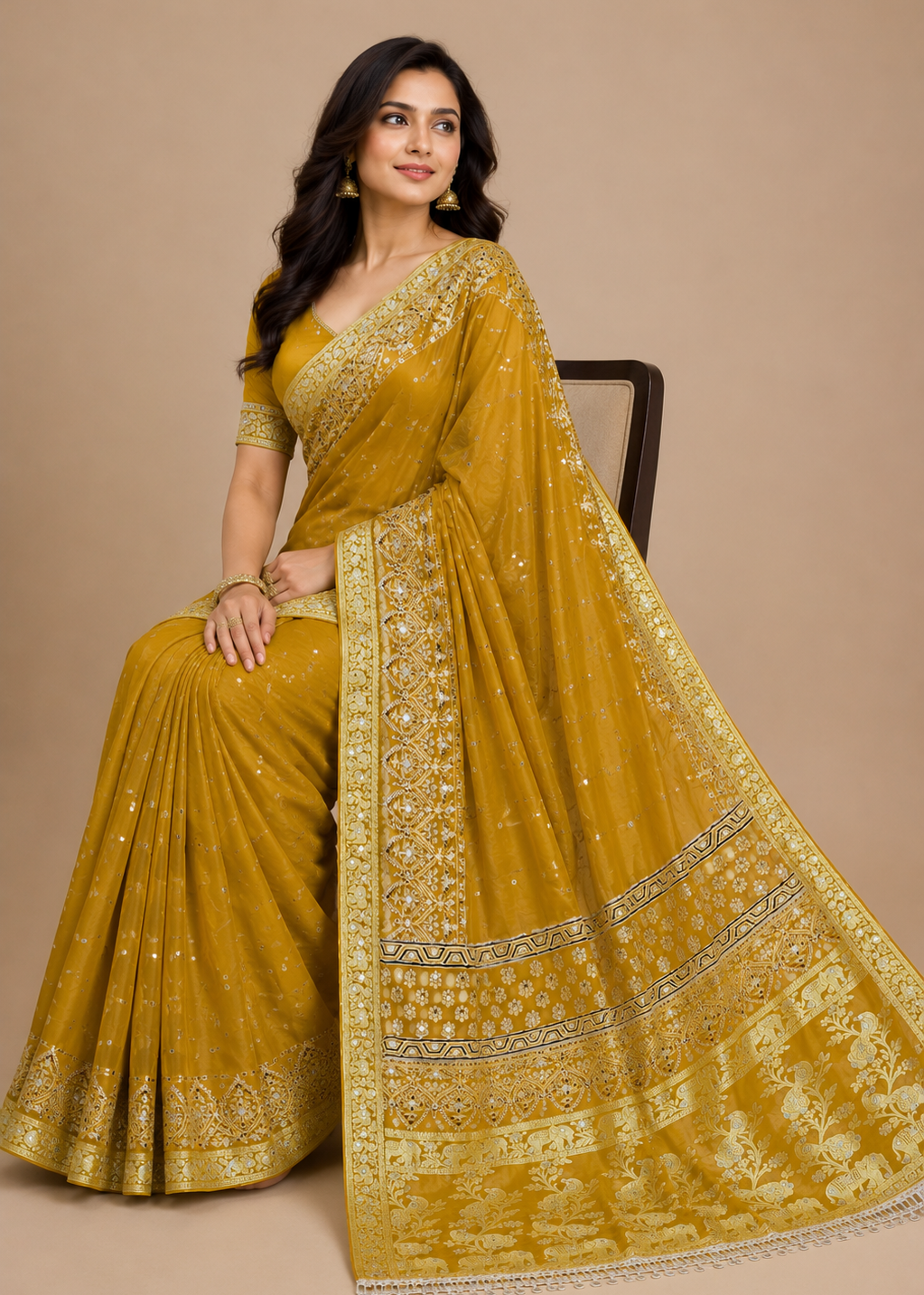 Royal Mustard Gold Gajji Silk Saree with Zari Weaving & Mirror Work
