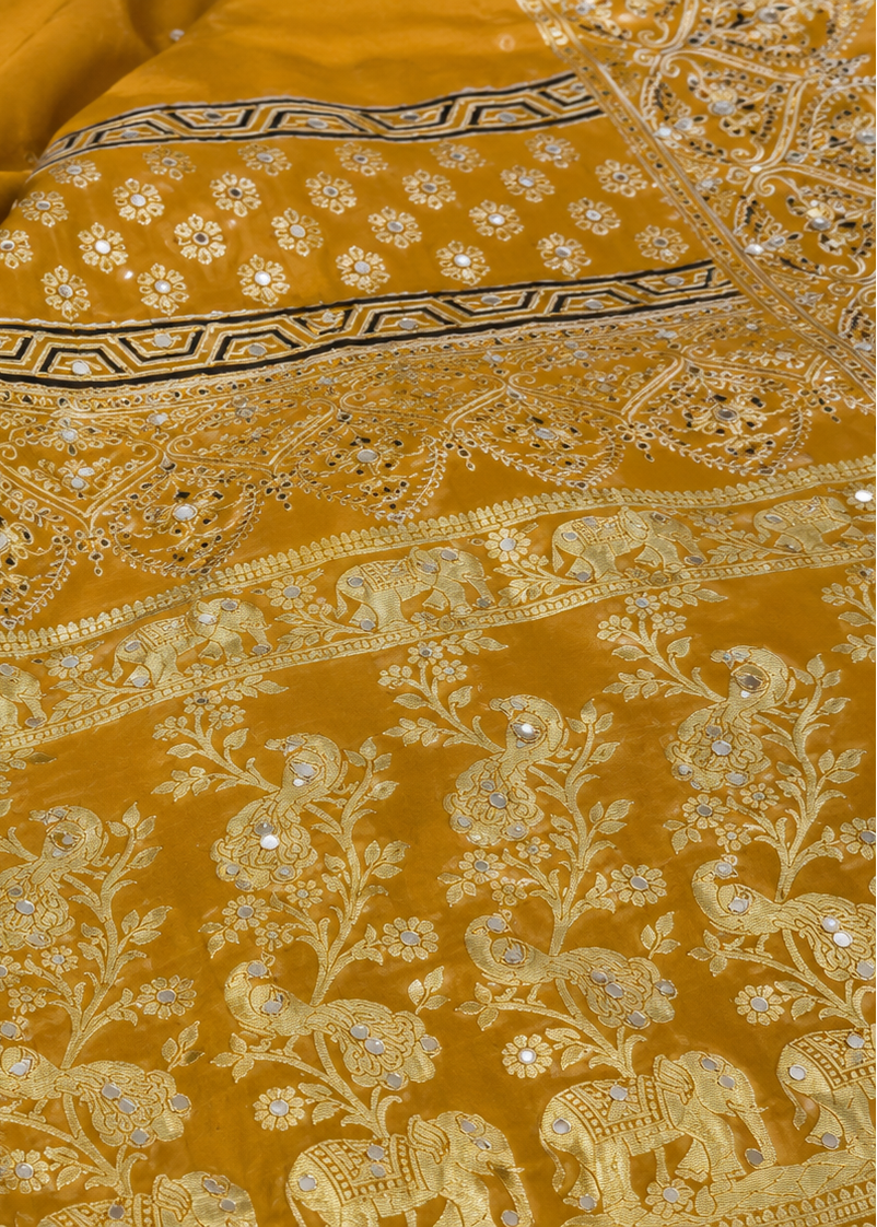 Royal Mustard Gold Gajji Silk Saree with Zari Weaving & Mirror Work