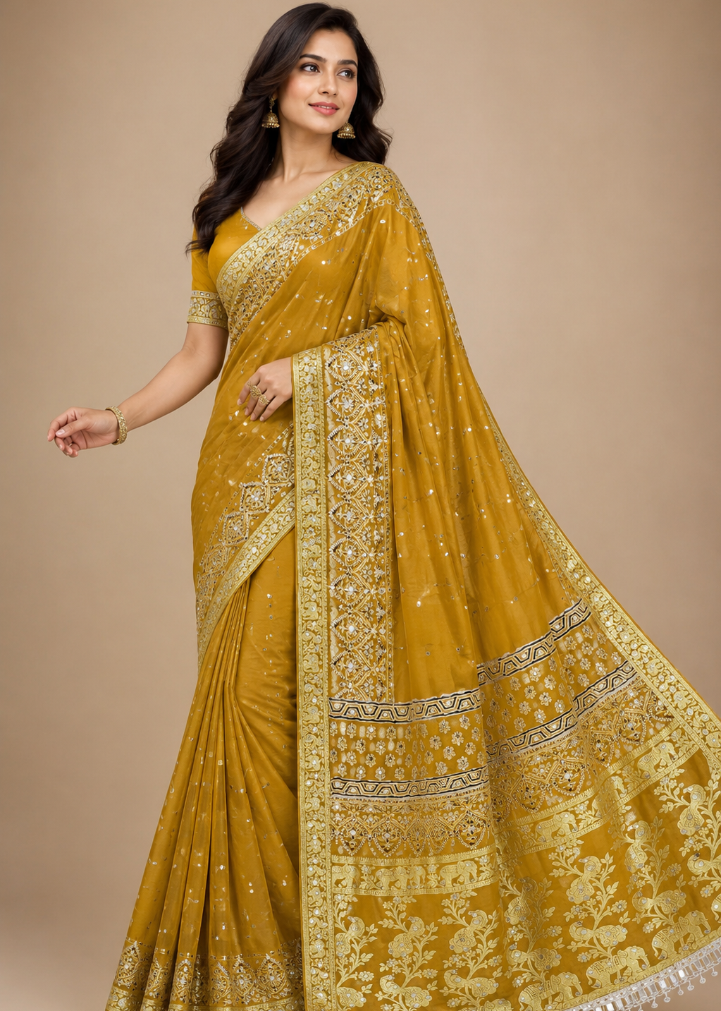 Royal Mustard Gold Gajji Silk Saree with Zari Weaving & Mirror Work