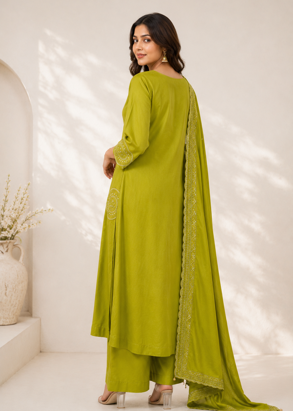 Woman wearing a green traditional outfit with a dupatta in a bright setting