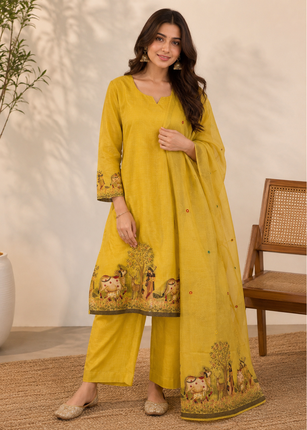 A woman models a three-piece mustard yellow ethnic suit set consisting of a kurta, wide-leg pants, and a dupatta, decorated with detailed cartoon animal and tree motifs near the hem and cuffs, set against a warm neutral indoor background.