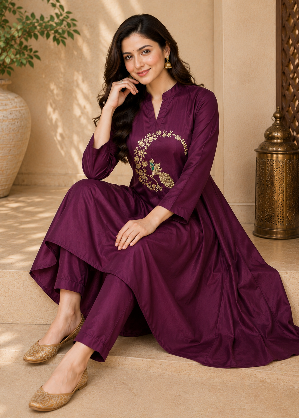 Noorani Wine Purple Embroidered Kurta Set