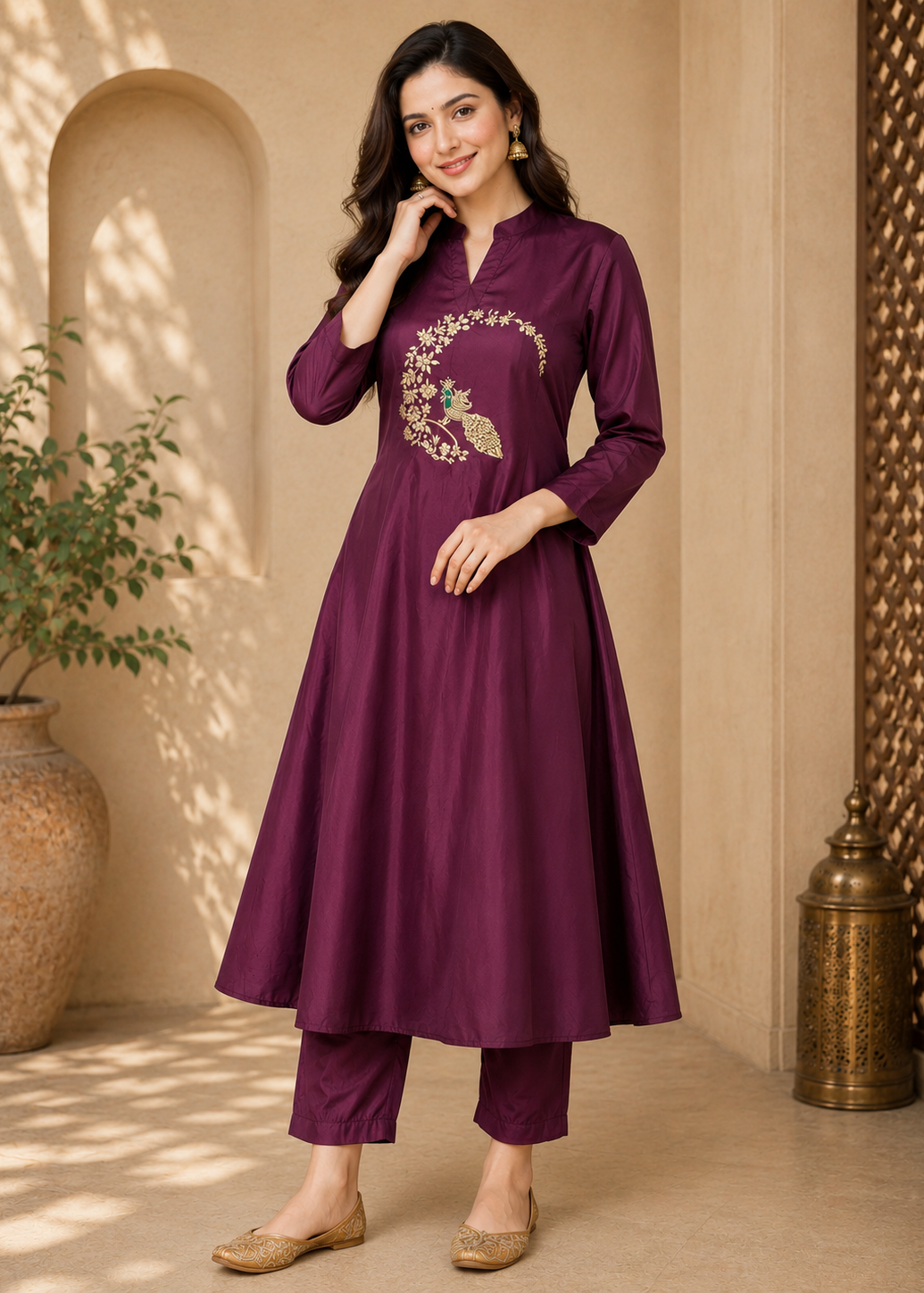 Noorani Wine Purple Embroidered Kurta Set