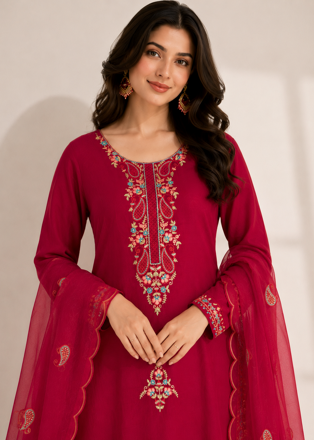 A woman wearing a deep magenta pink salwar kameez suit with intricate multicolor embroidery on the neckline and sleeves, paired with a matching sheer dupatta.