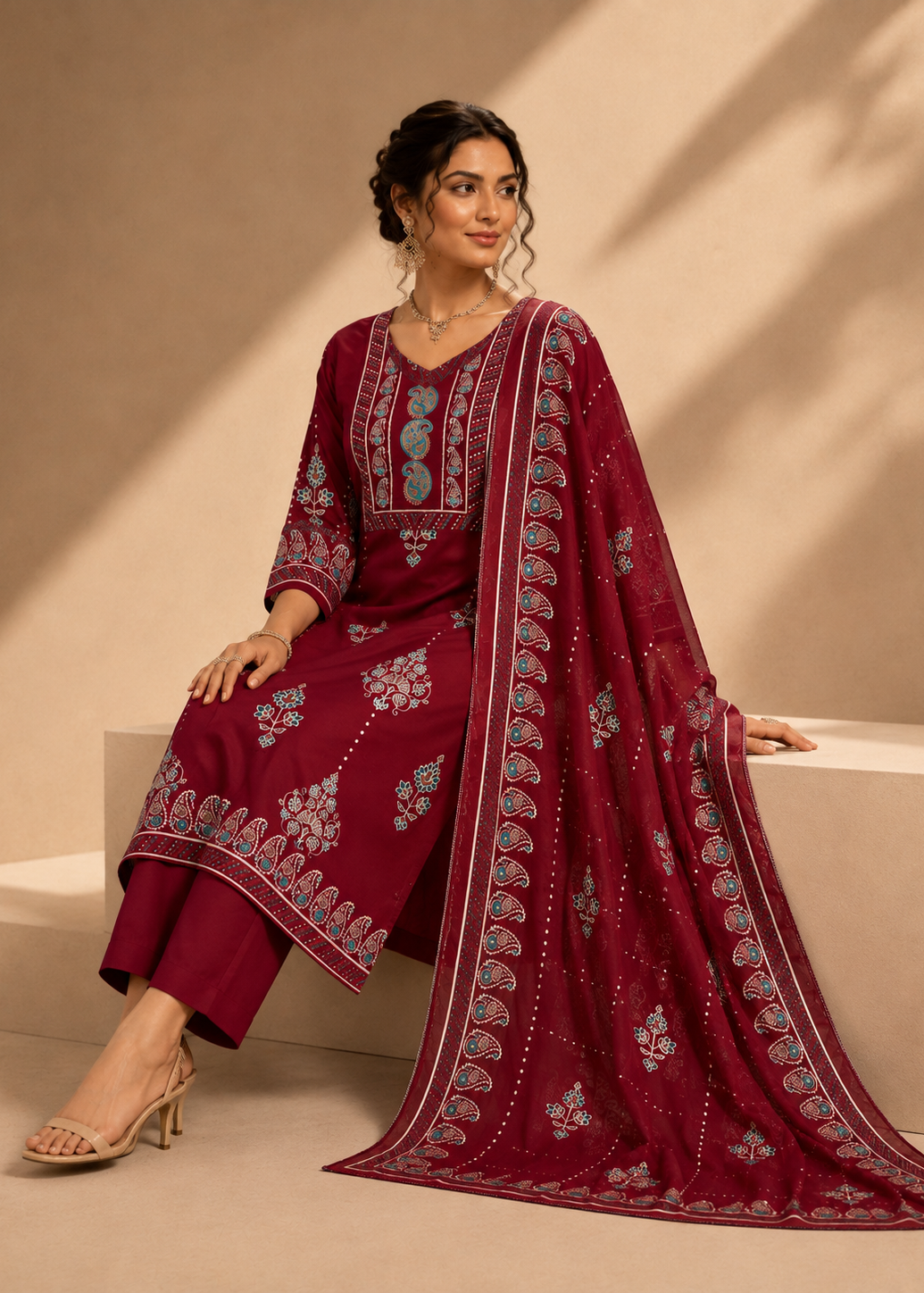 A woman models a deep maroon salwar kameez suit set with intricate silver and white embroidery, paired with a matching dupatta, set against a warm beige background with soft leaf shadows.