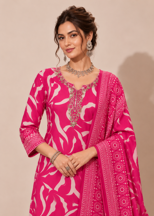 A woman modeling a bright pink traditional outfit with a white abstract floral print, ornate silver embroidery around the neckline, and a matching printed dupatta draped over her arm, set against a plain beige studio background.