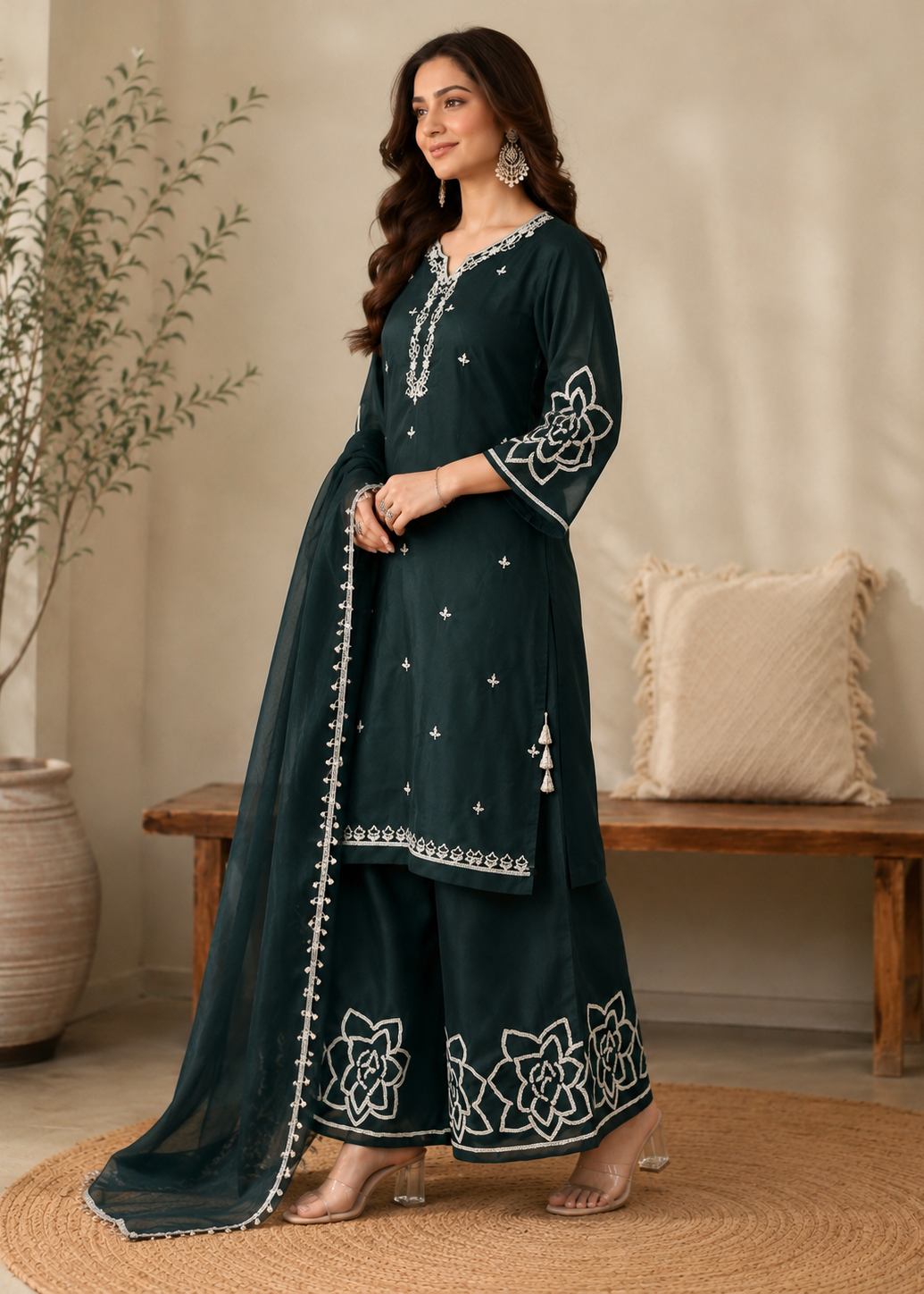A woman models a dark teal green traditional Indian salwar kameez suit with white floral embroidery and silver mirror work, paired with a matching sheer dupatta, in a warm, neutral-toned indoor setting.