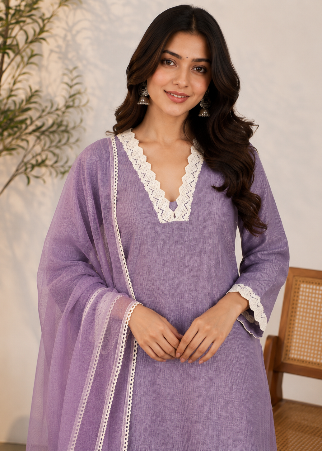 A woman wearing a lavender purple kurta with white lace trim and a matching sheer dupatta, standing in an indoor setting with a neutral wall and a wooden chair partially visible.