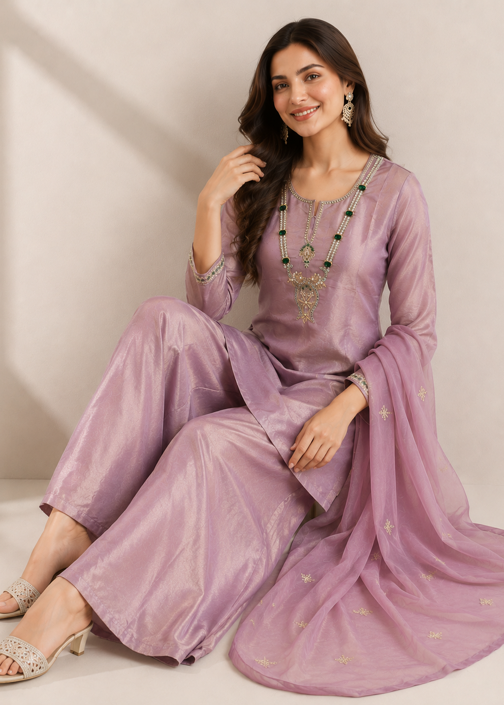 A woman models a lavender purple traditional South Asian outfit consisting of a kurta, wide-leg trousers, and a matching dupatta. The fabric has a subtle sheen and is decorated with gold embroidery on the neckline and scattered motifs on the dupatta.