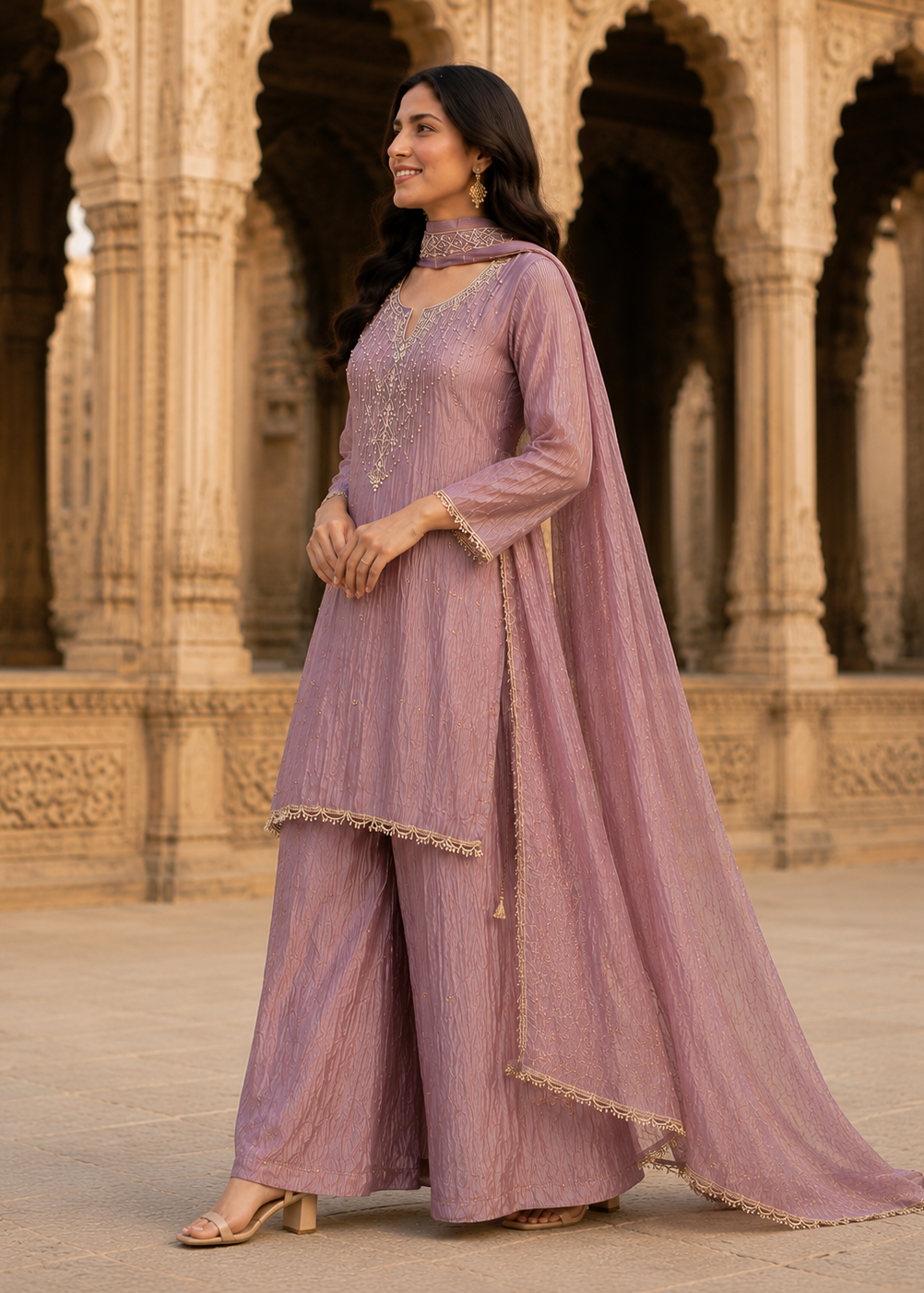 A woman wearing a lavender purple traditional Indian outfit with a matching dupatta, standing in front of a historic stone archway.