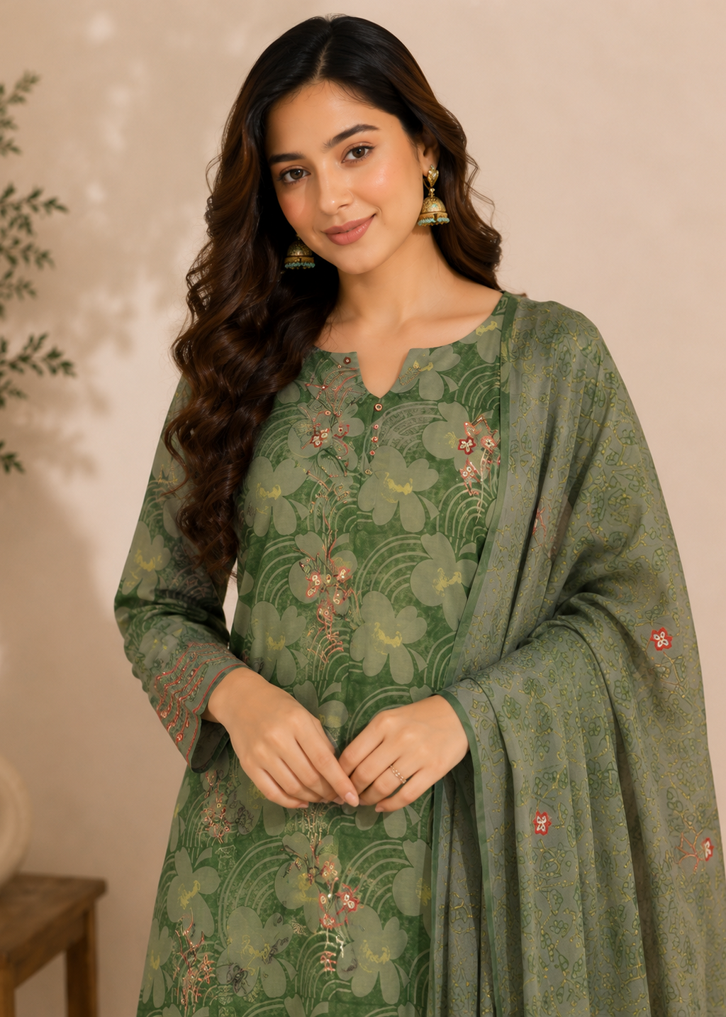 A woman modeling a green embroidered traditional outfit with a matching sheer dupatta, featuring floral and butterfly motifs, set against a warm beige background.