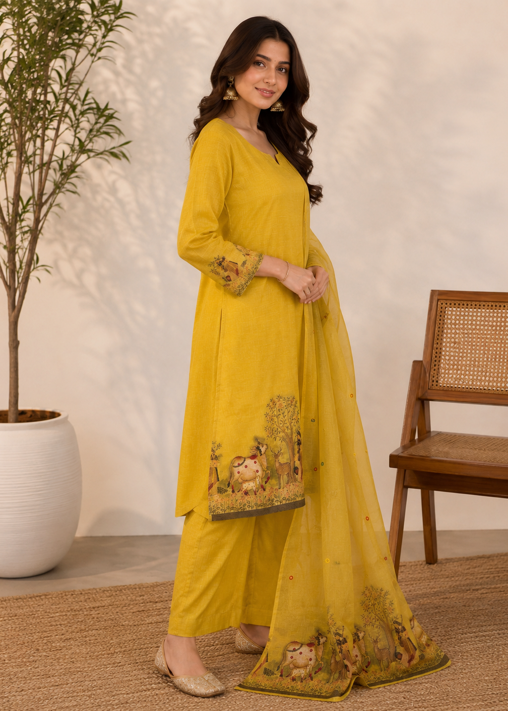 A woman models a yellow three-piece traditional Indian outfit consisting of a kurta, wide-leg pants, and a matching dupatta, decorated with floral and animal embroidery near the hem and cuffs. She is standing in a styled indoor setting with a potted plant and a wooden chair.
