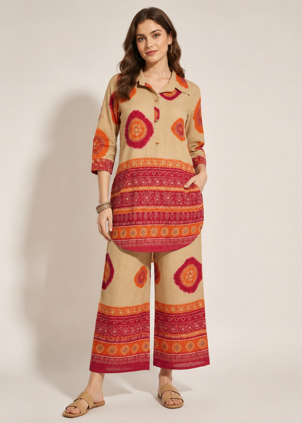 A woman modeling a beige two-piece kurta set with vibrant orange and red bohemian patterns, photographed against a plain light beige studio background.