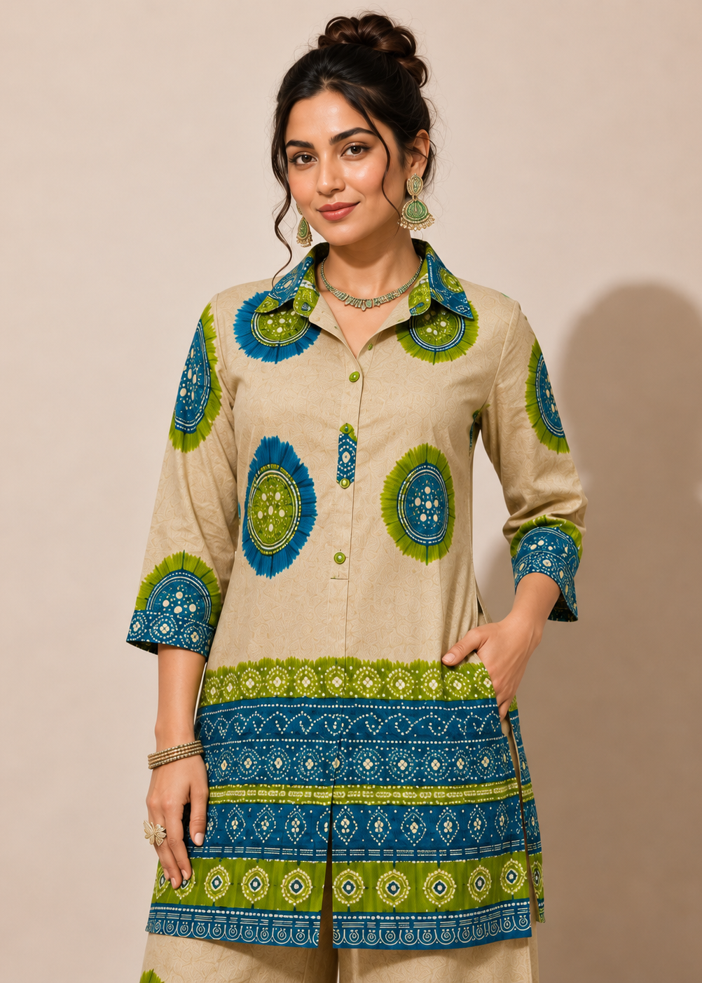 A woman modeling a beige kurta with green and blue circular and geometric patterns, paired with matching beige trousers, against a plain beige background.