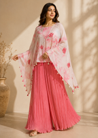 Blush Pink Floral Cape with Crush Pleated Palazzo Set