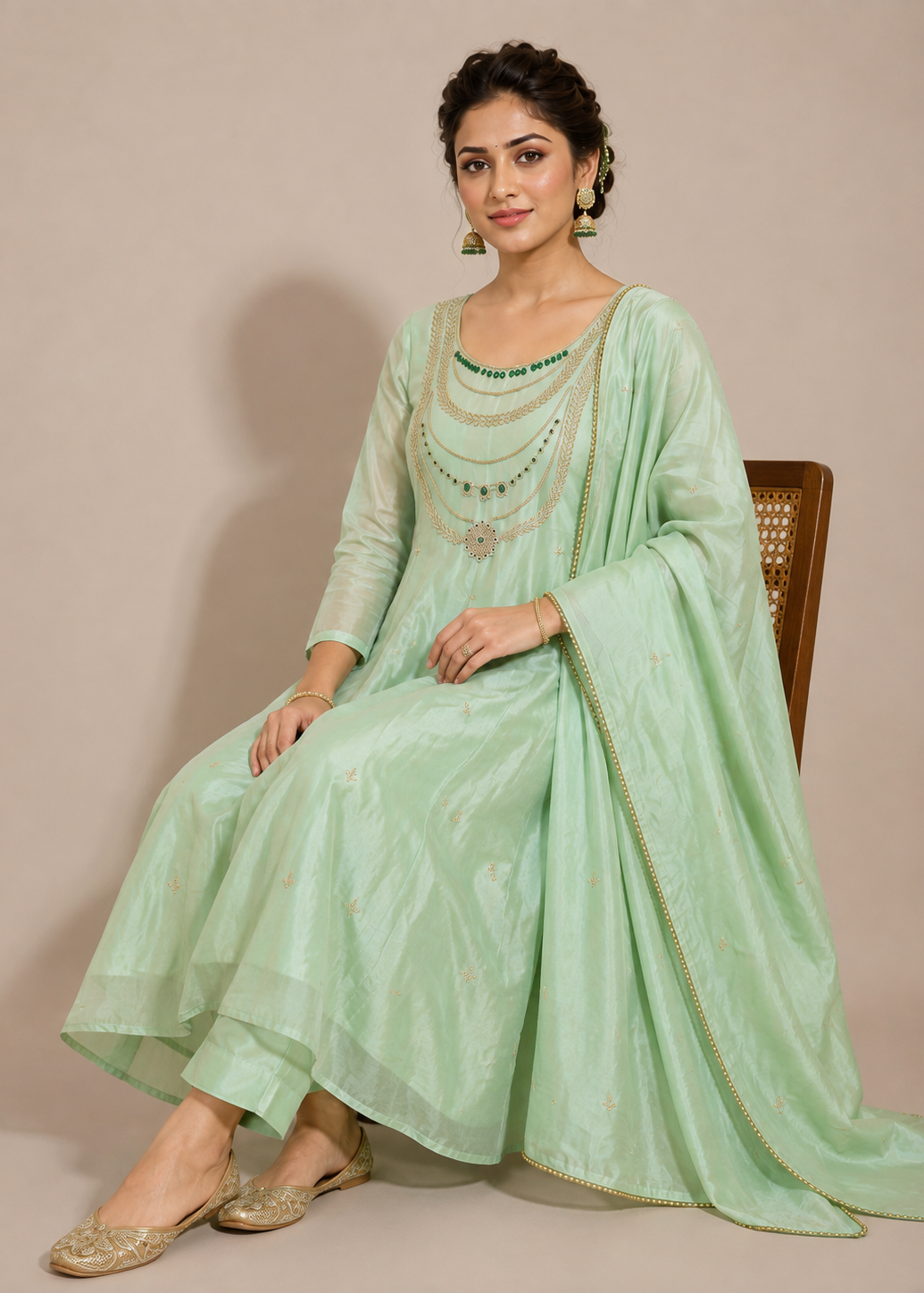 A woman seated on a wooden chair wearing a light mint green traditional outfit with gold embroidery and a matching draped scarf, against a plain beige studio background.
