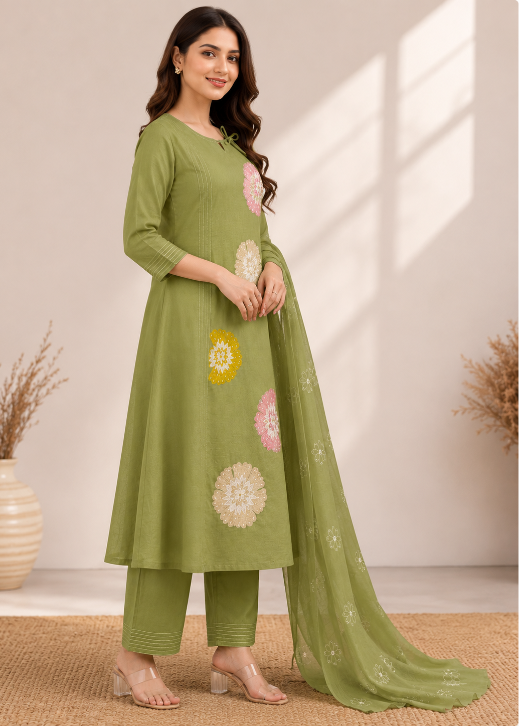 A woman models an olive green three-piece salwar kameez set with floral embroidery, consisting of a long tunic, matching trousers, and a dupatta, set against a warm beige background with decorative dried plants.