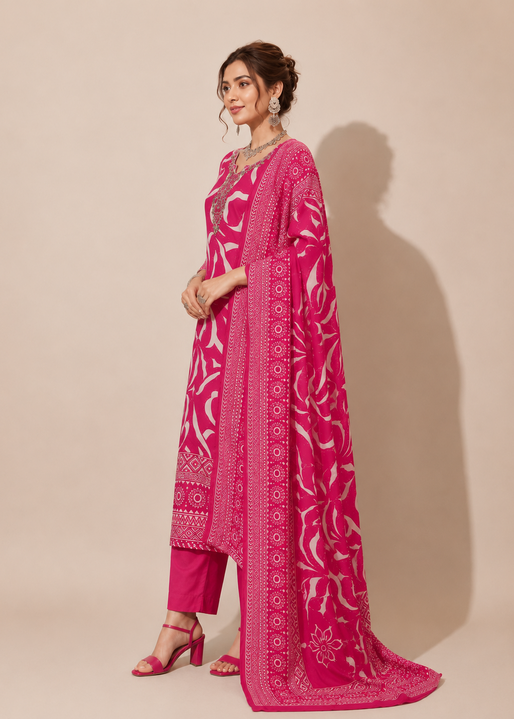 A woman models a bright pink traditional Indian outfit with white floral embroidery, consisting of a kurta, matching pants, and a dupatta, set against a plain beige studio background.