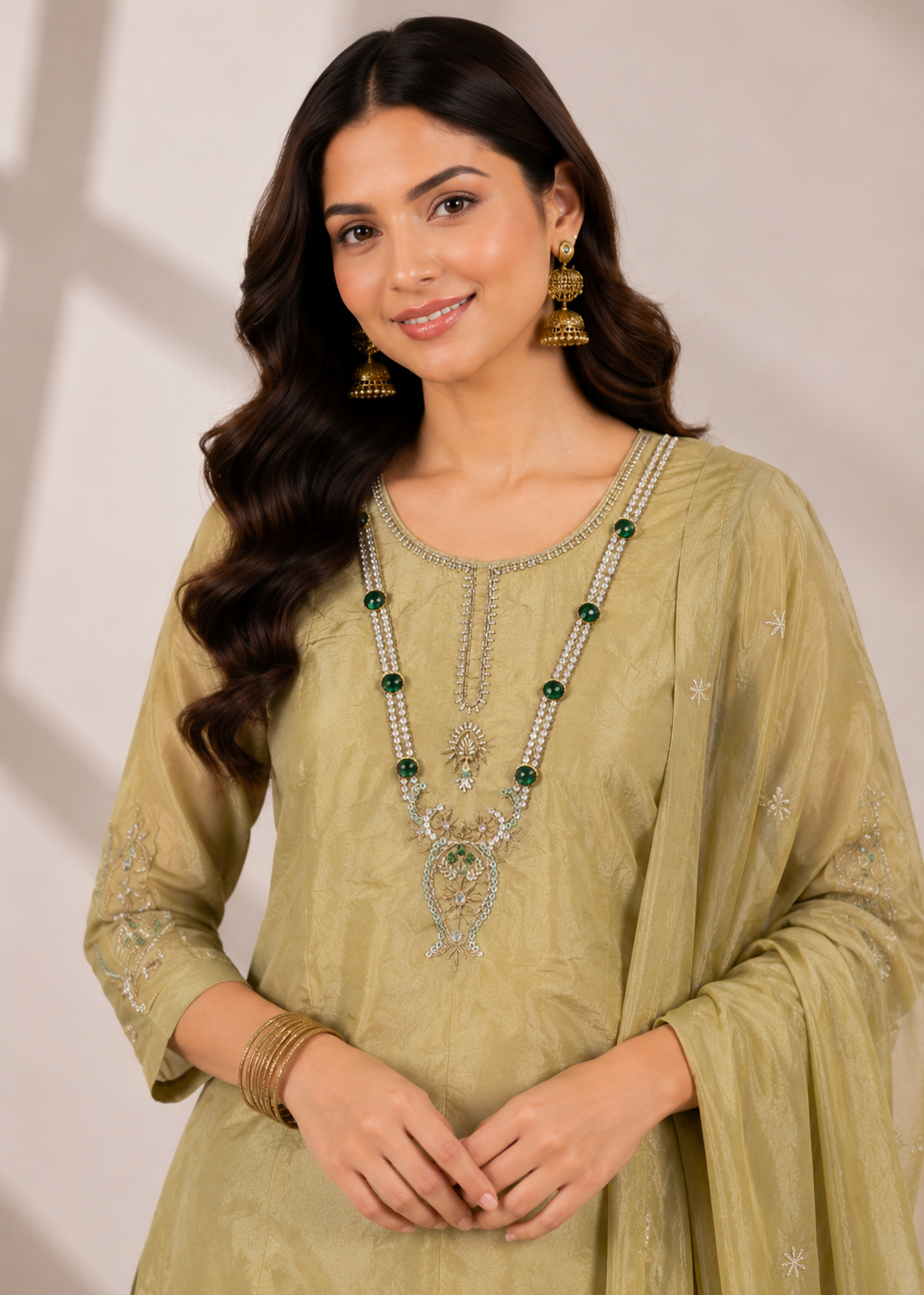 A woman modeling a traditional Indian outfit consisting of a light olive green kurta with silver embroidery, a matching dupatta, and ornate gold jewelry with green stones, set against a neutral beige background.