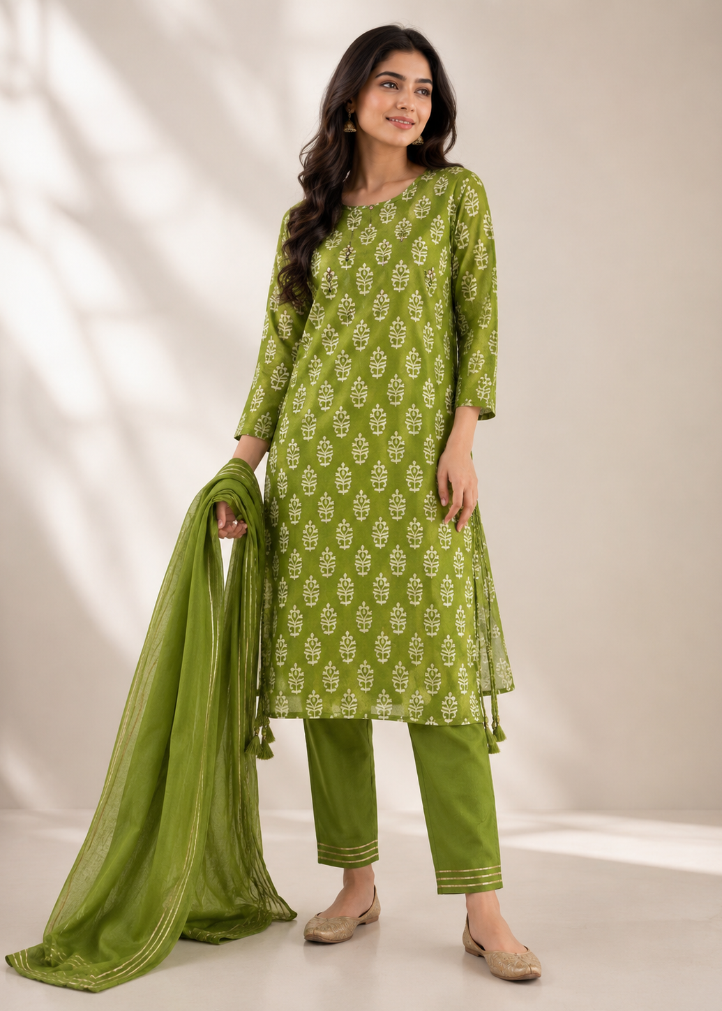 A woman modeling a green salwar kameez suit with a matching dupatta. The kurta and pants are olive green with a white printed pattern, and she is holding a sheer olive green dupatta with subtle gold borders.