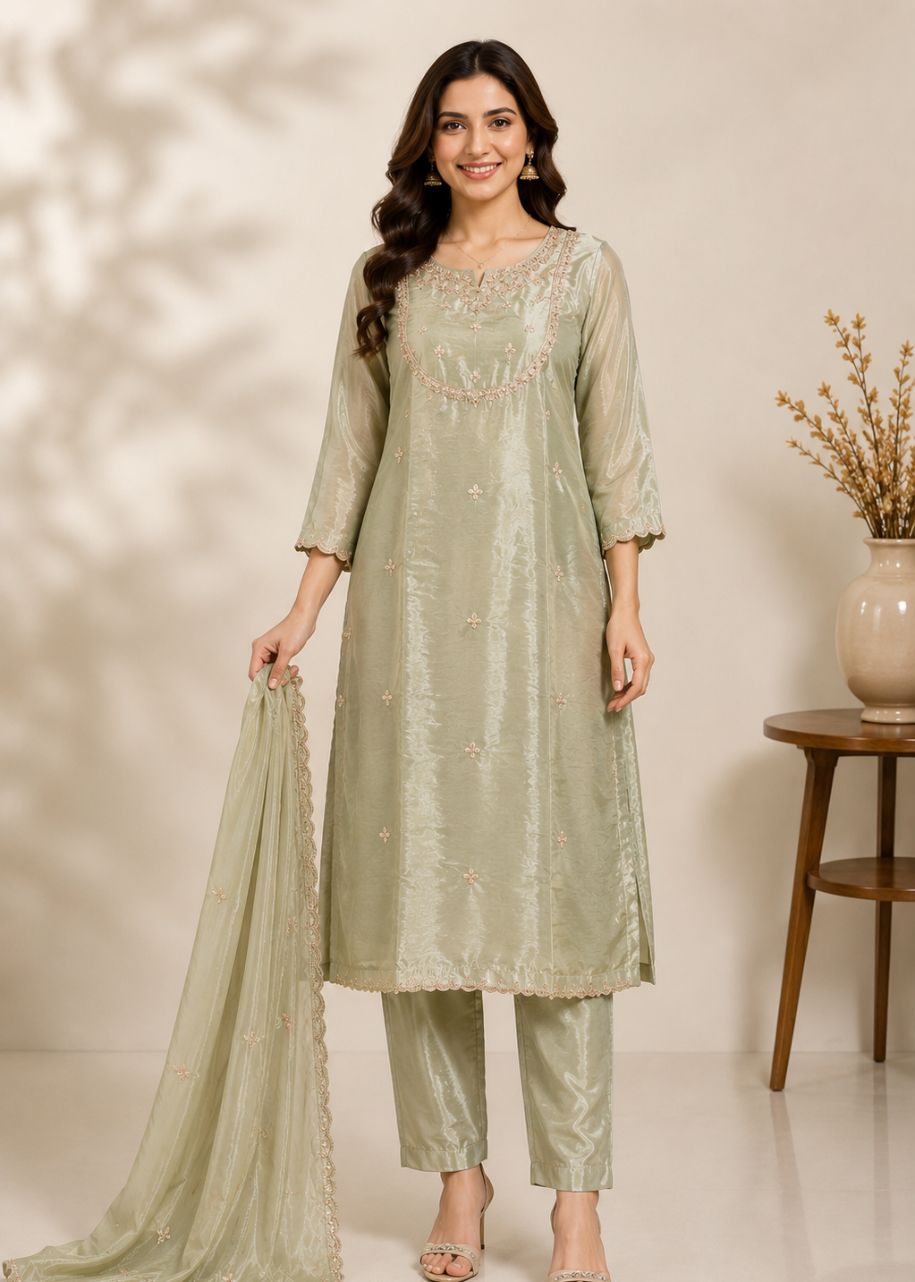 A woman models a light sage green traditional Indian salwar kameez suit with matching dupatta. The kurta features intricate embroidery around the neckline and subtle floral patterns, paired with matching trousers and a sheer dupatta, set against a warm beige background with a wooden side table.