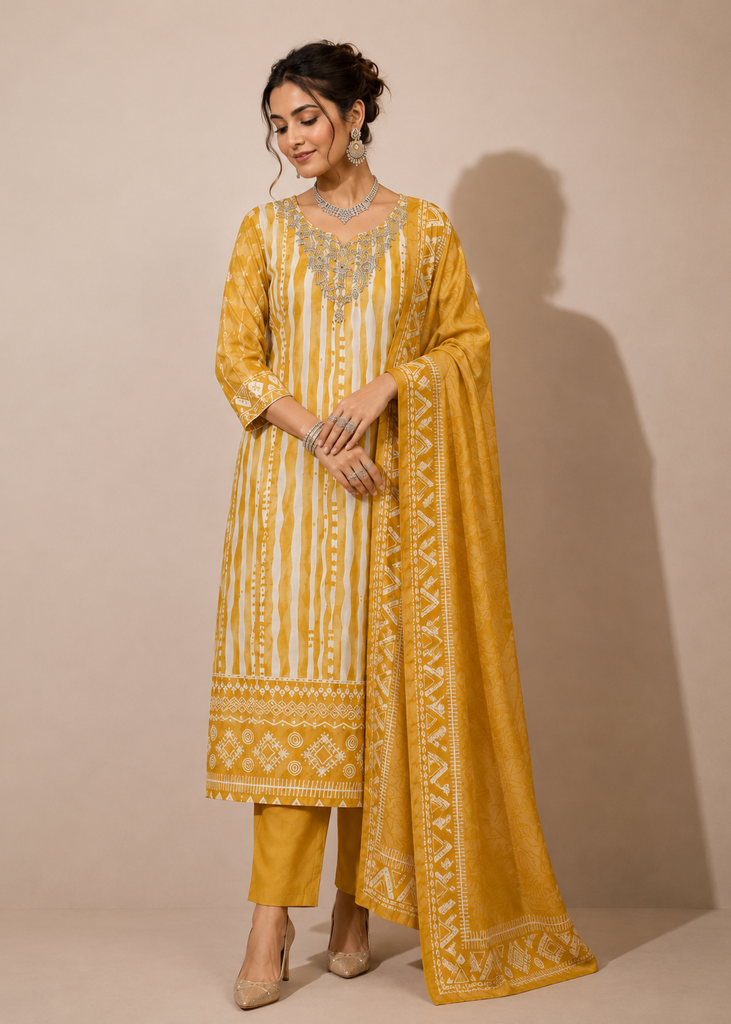 A woman models a traditional Indian outfit consisting of a mustard yellow and cream kurta with vertical stripes and gold embroidery, matching trousers, and a coordinating dupatta, set against a plain beige background.