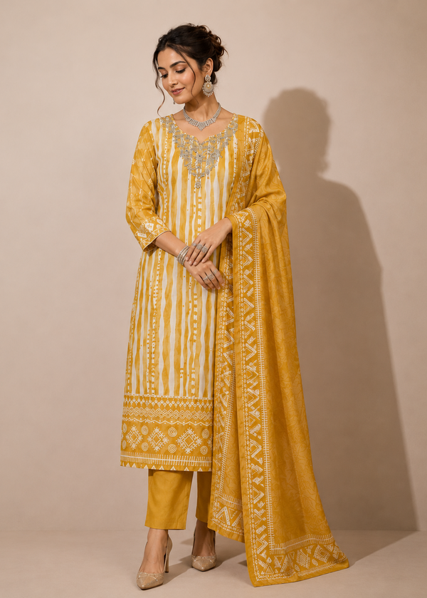A woman models a traditional Indian outfit consisting of a mustard yellow and cream kurta with vertical stripes and gold embroidery, matching trousers, and a coordinating dupatta, set against a plain beige background.