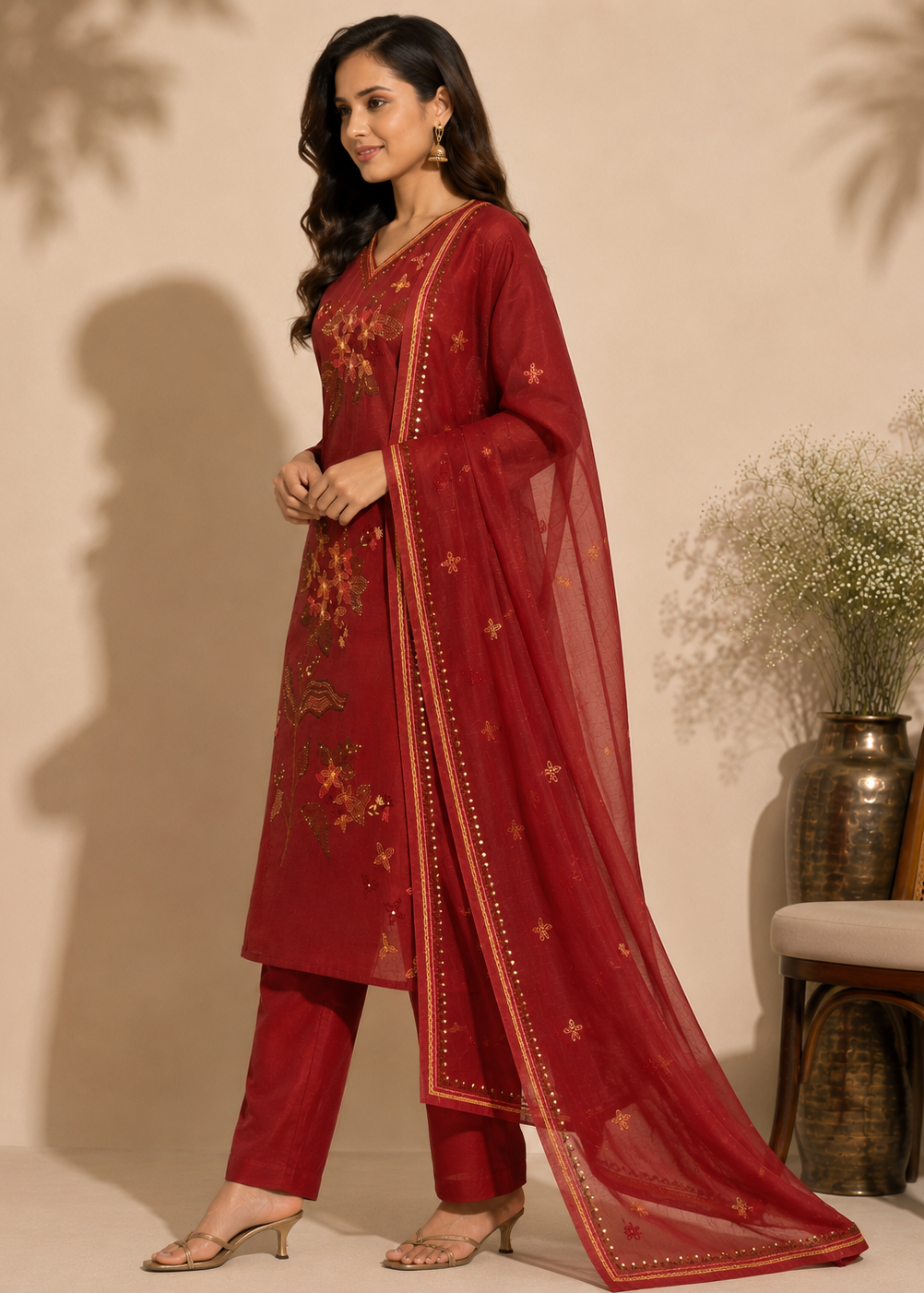 Maroon Malchanderi Floral Embroidered Kurta Set with Dupatta