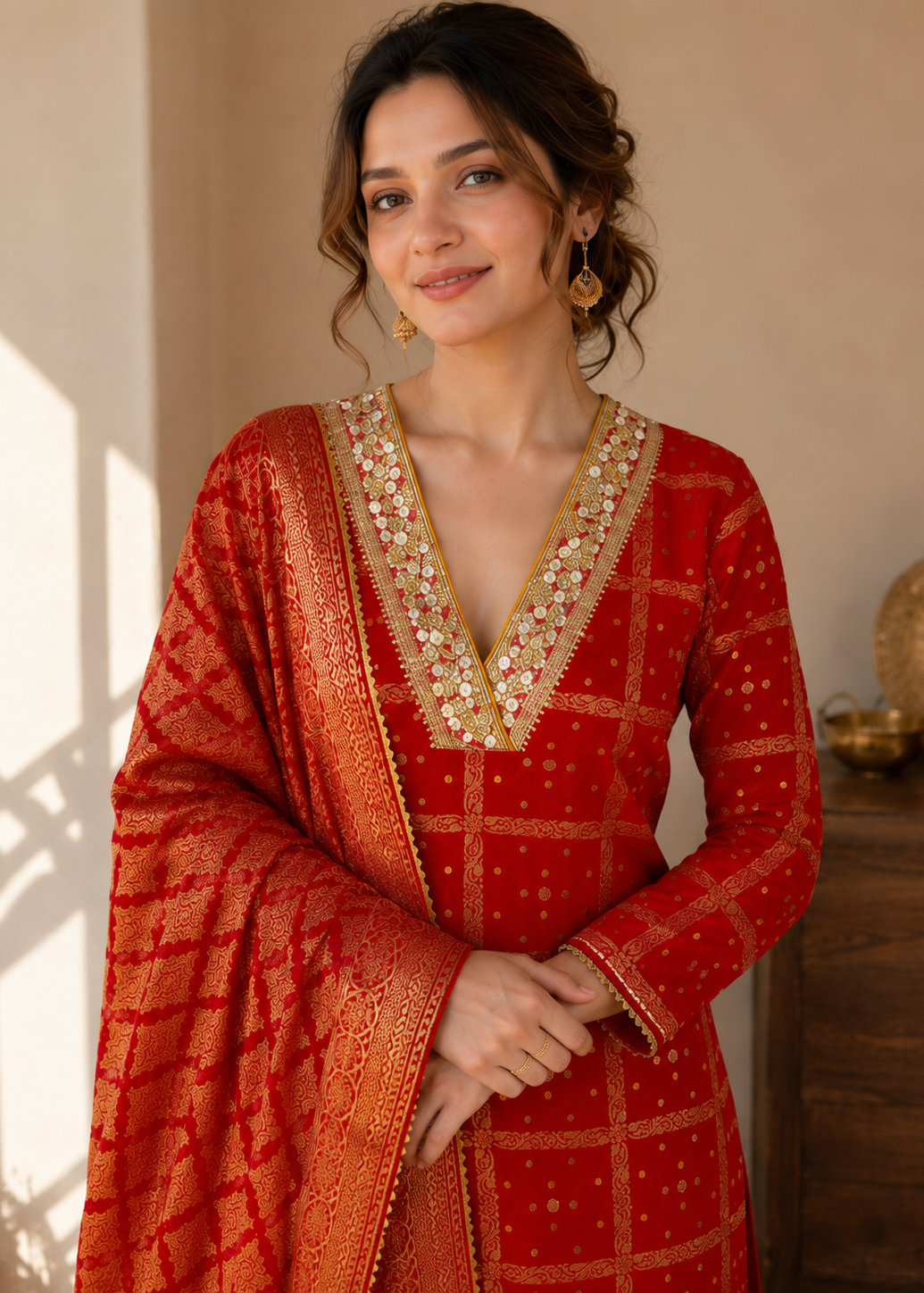 A woman wearing a red and gold traditional Indian outfit with intricate gold embroidery around the neckline, standing in a warm-toned indoor setting.