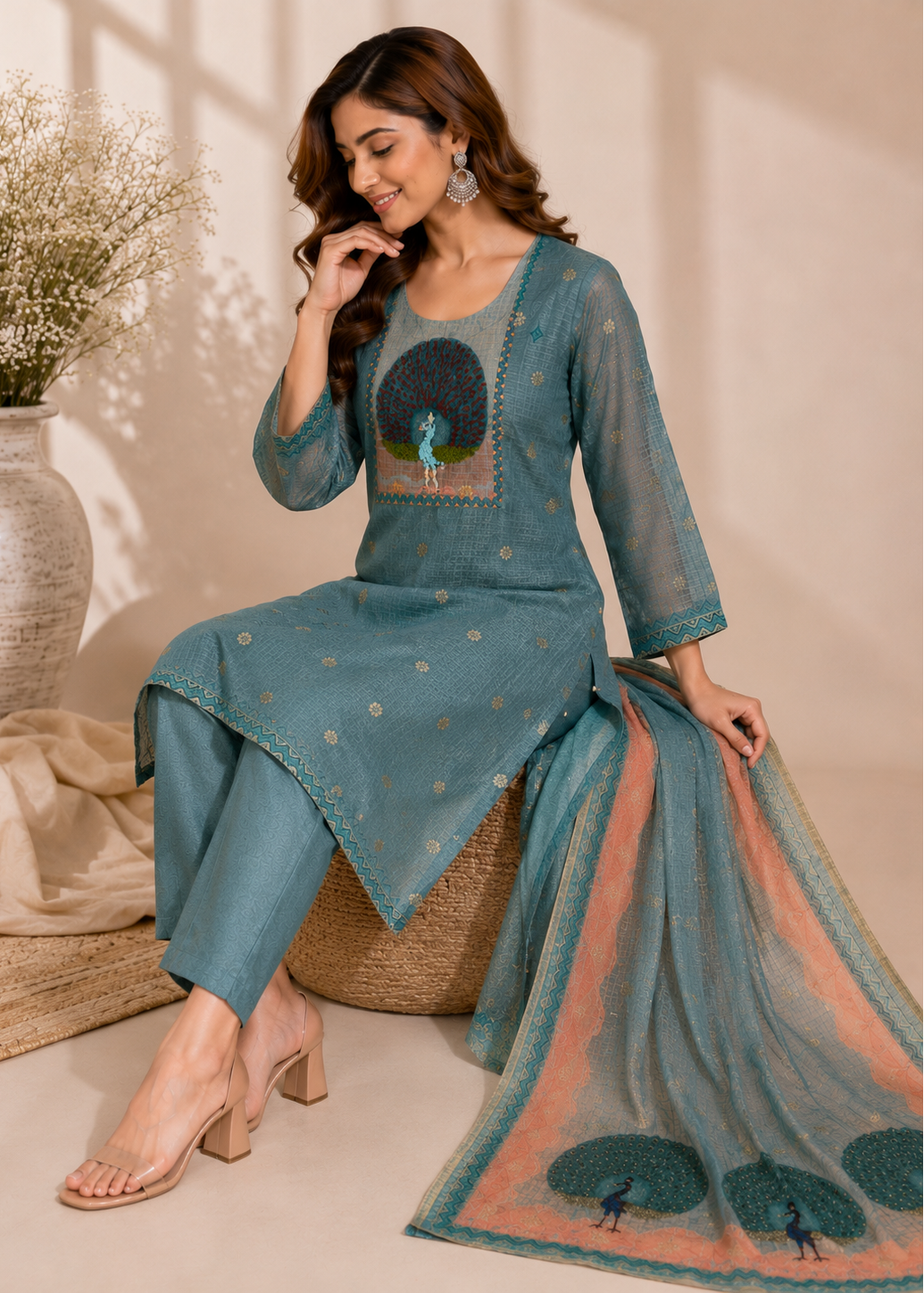 A woman models a teal blue Indian ethnic salwar kameez suit with matching dupatta. The kurta features a printed peacock design on the chest and small gold polka dots, paired with matching trousers and a sheer dupatta with a peach border and peacock motif.