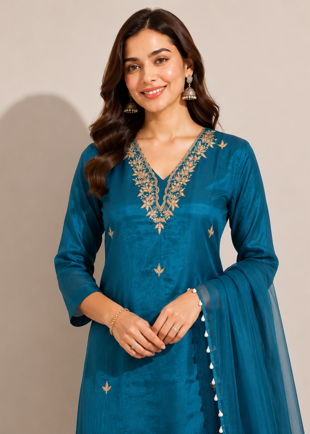 A woman modeling a teal blue traditional Indian salwar kameez suit with gold embroidery on the neckline and scattered motifs on the fabric, paired with a matching sheer dupatta.